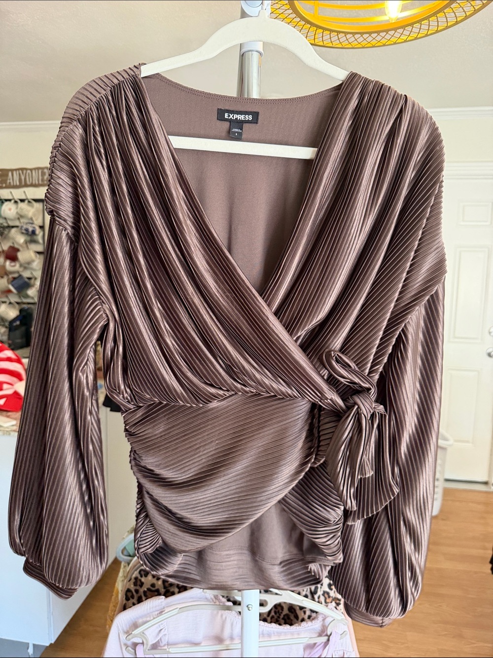 Express Metallic Brown Plissé Wrap Blouse